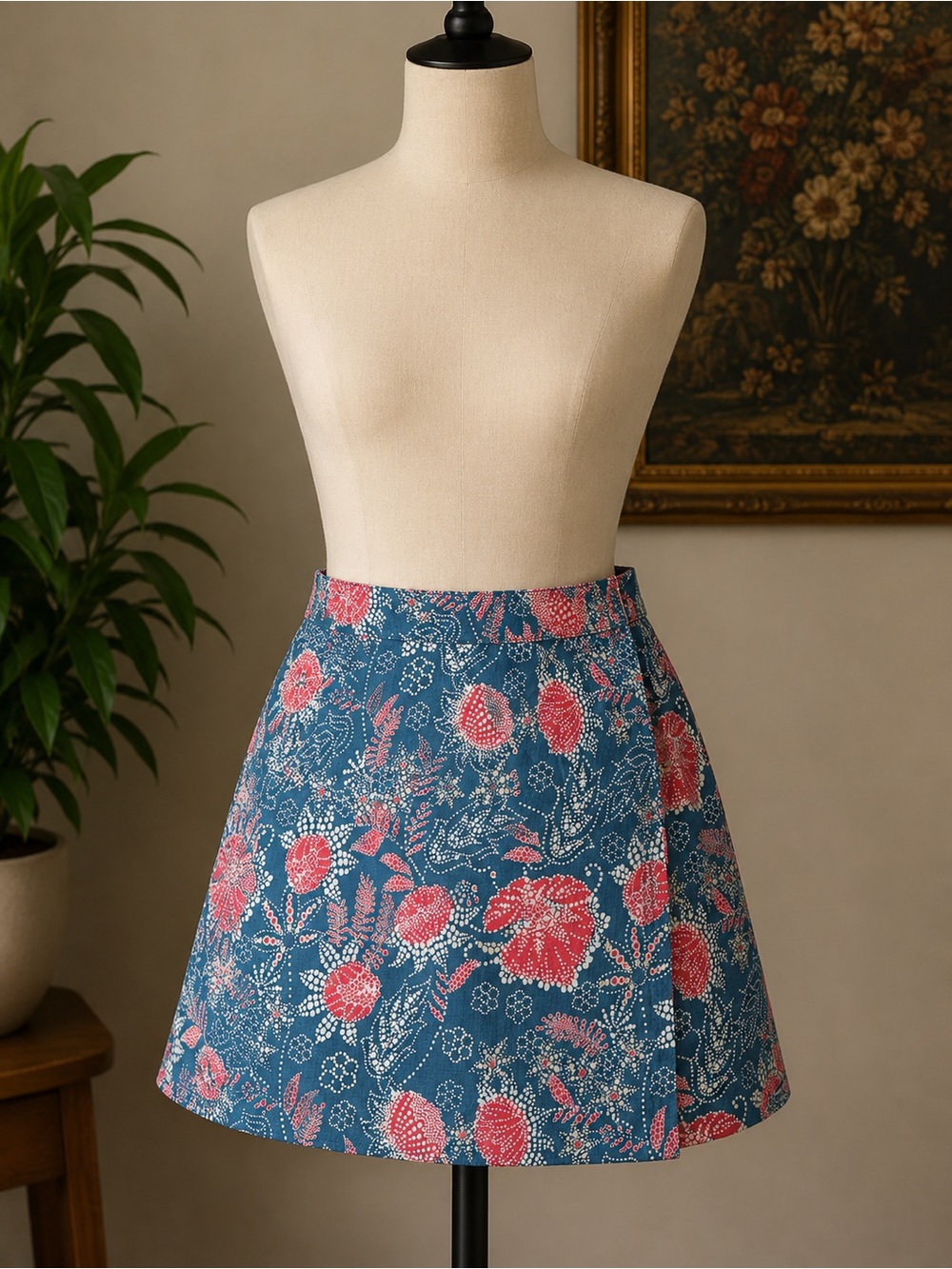 Blue Floral Mini Skirt with Pink Accents
